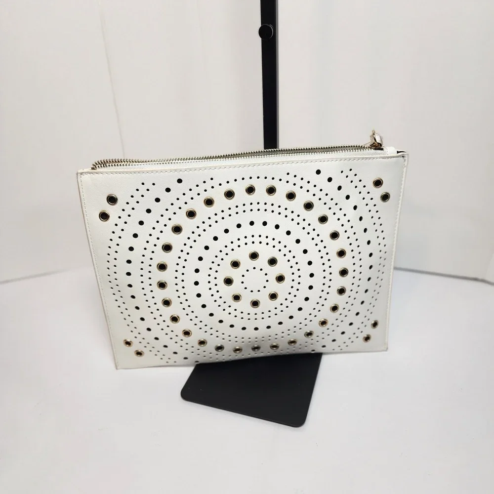 White Laser Cut Perforated Grommet Wristlet Clutch Bag with Gold Accents